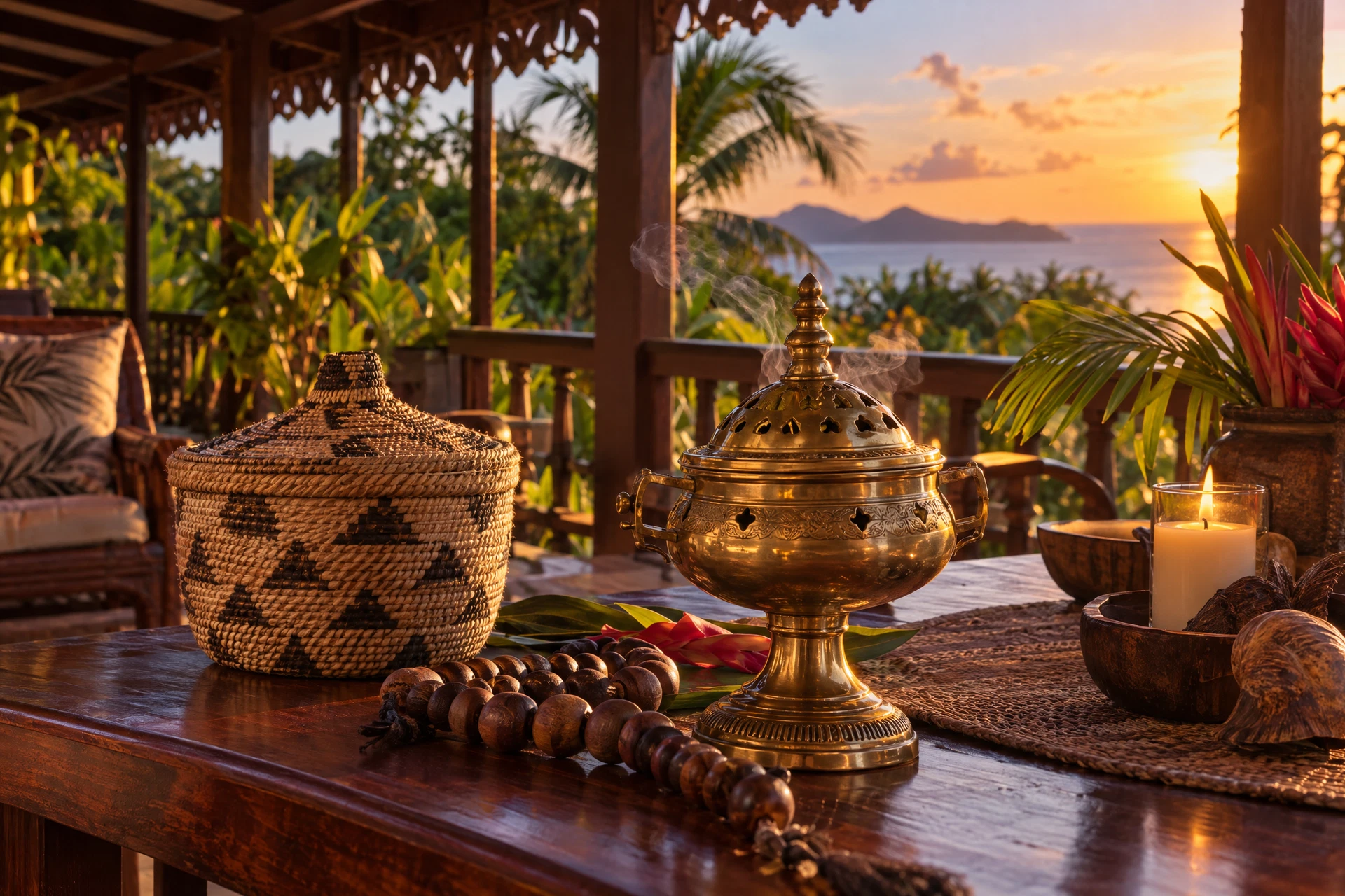 Objets traditionnels et lanterne sur une terrasse créole dans une lumière caribéenne